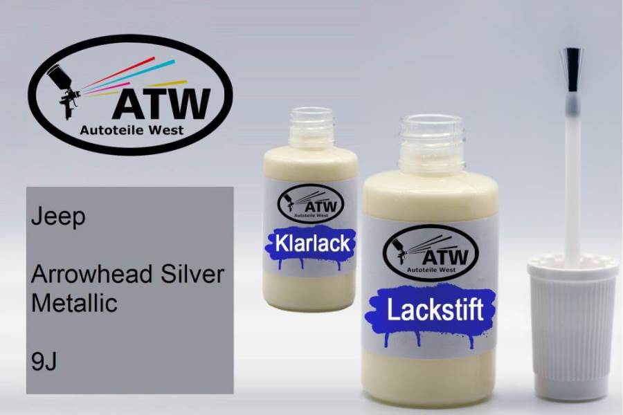 Jeep, Arrowhead Silver Metallic, 9J: 20ml Lackstift + 20ml Klarlack - Set, von ATW Autoteile West.